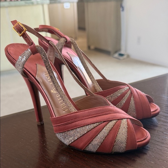 Satin salmon champagne glitter vintage retro Strappy Heels...